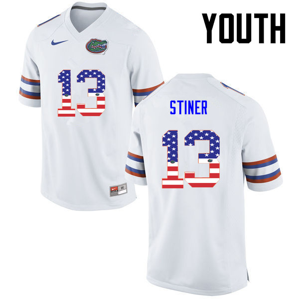 Youth Florida Gators #13 Donovan Stiner College Football USA Flag Fashion Jerseys-White - Click Image to Close